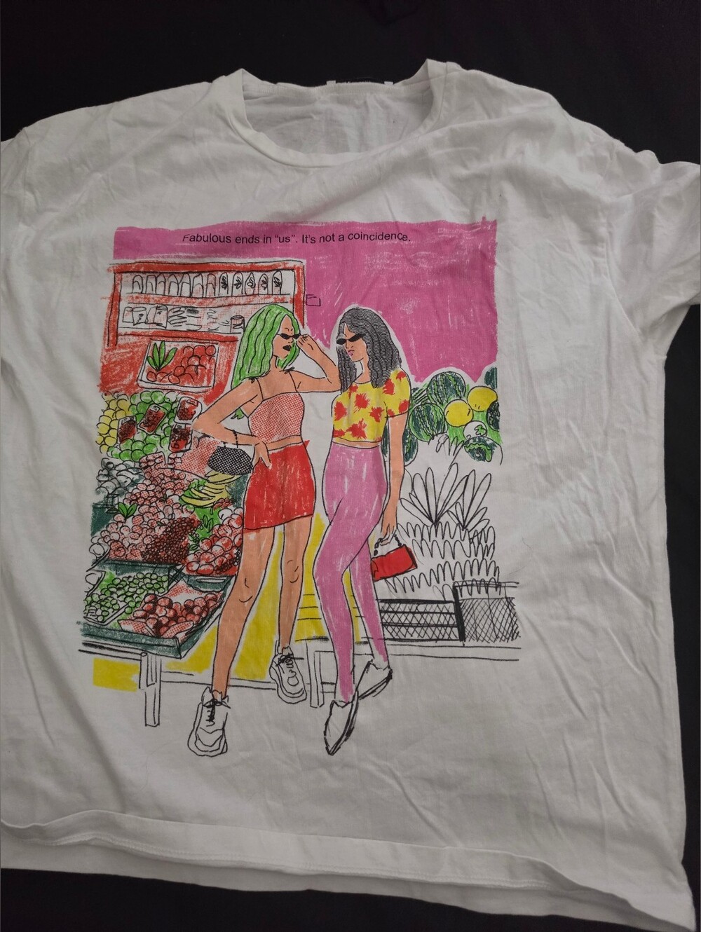 Zara White Tee with Pink, Red & Green Graphic